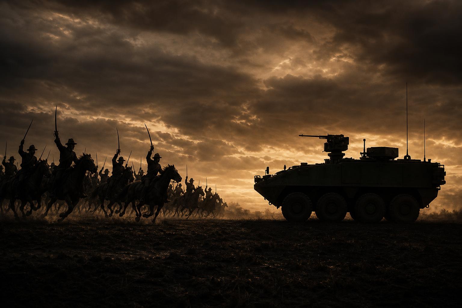 Horse-mounted cavalry and a modern Stryker command vehicle at golden hour